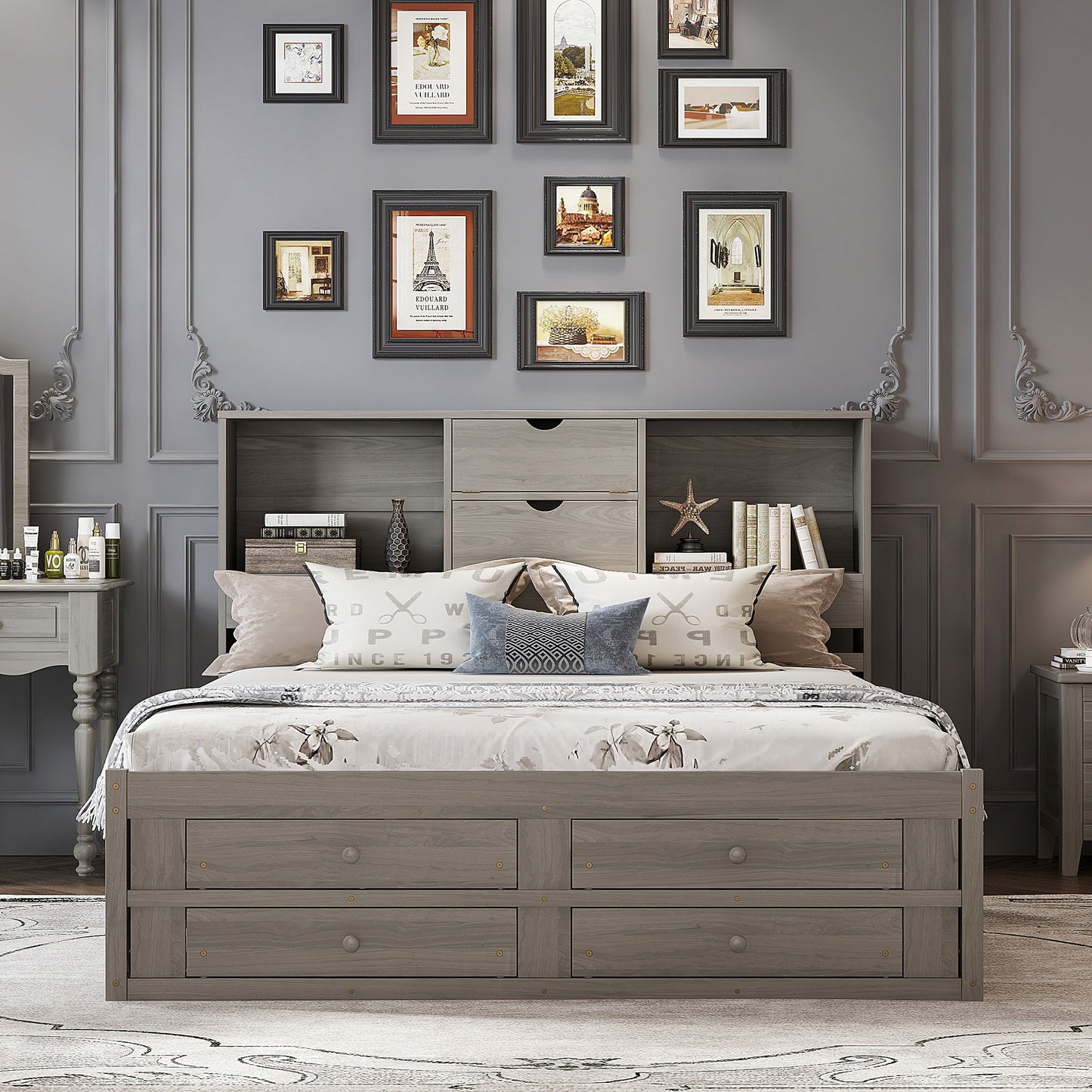 Platform Bed With Storage Headboard And 8 Drawers