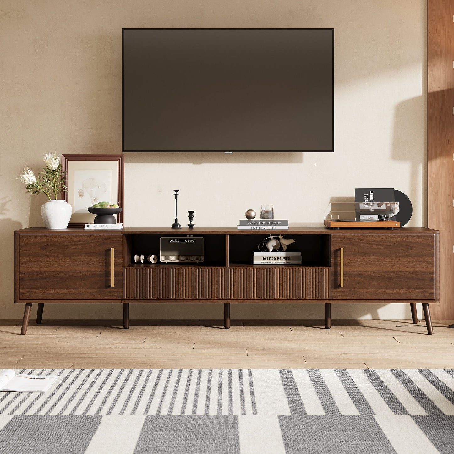 TV Stand For TVs Up To 85" With Soft-Close Doors, Open Shelf, Cable Management - Walnut