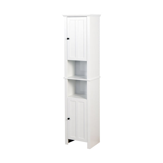 Wooden Bathroom Floor Storage Cabinet With 2 Doors And 6 Shelves - White