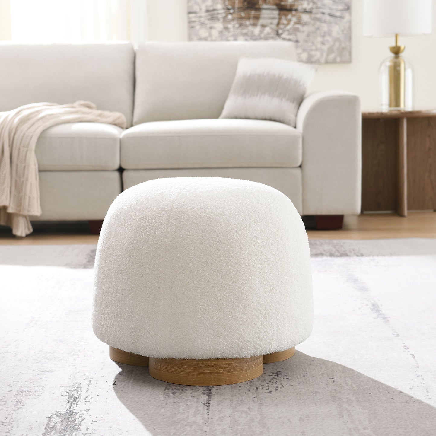 Round Soft Teddy Fabric Upholstered Ottoman With Metal Accents