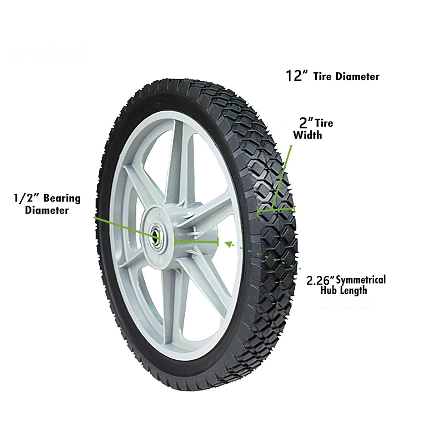 Universal 12" Spoked Plastic Wheel And Tire For Lawn Mowers & Trolley Carts, 10 Pack - Black