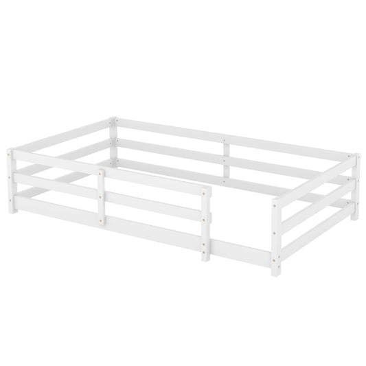 Twin Size Montessori Floor Bed With Fence - White