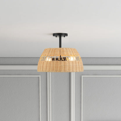 Twinkle - Double Lights Semi Flush With Shade - Black / Rattan