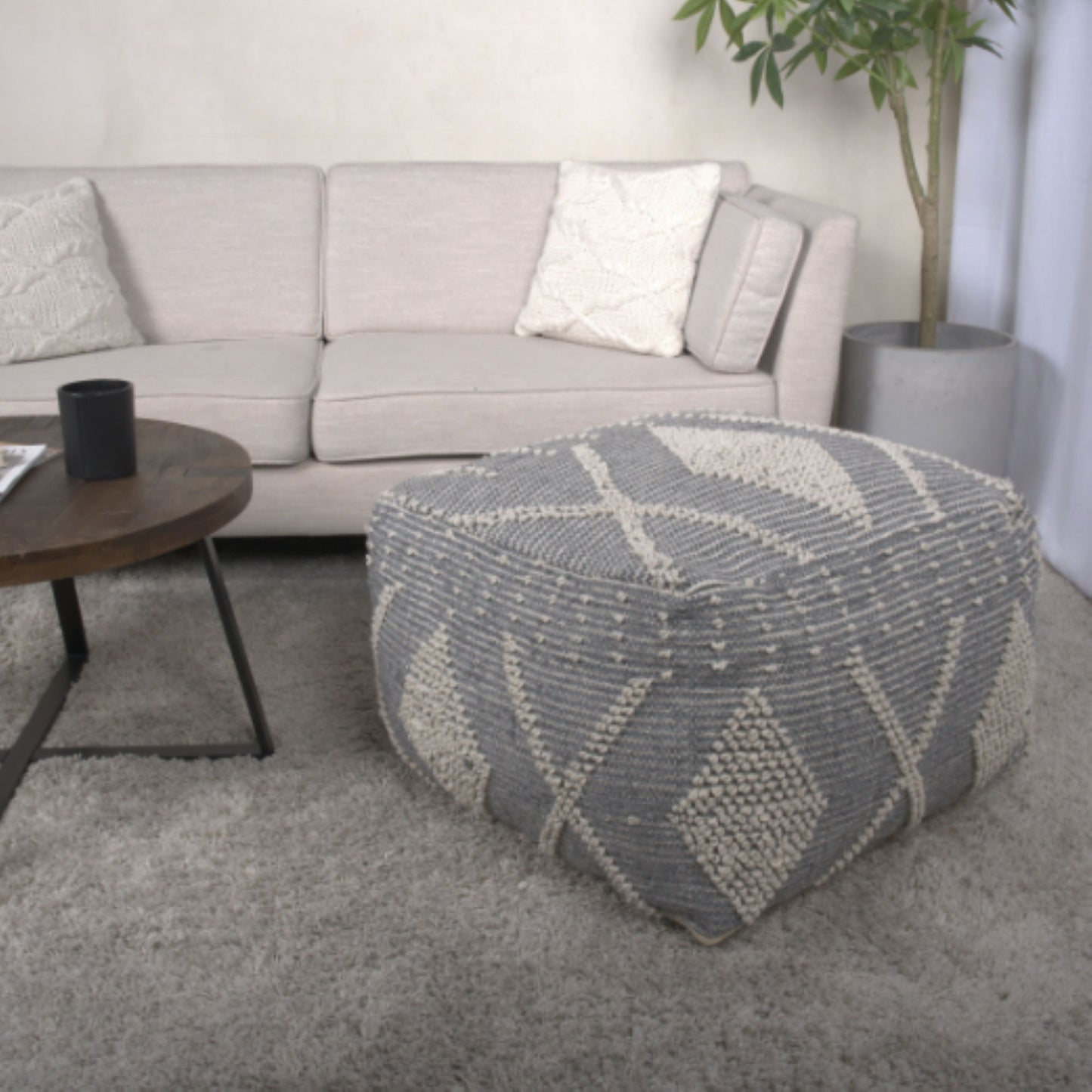 Diamond - Handcrafted Faux Yarn Pouf - Ivory / Gray