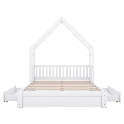 House Style Platform Bed With Guardrail And 2 Drawers