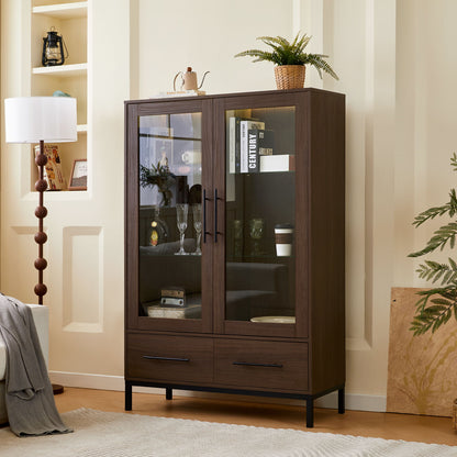 Modern Style Tall Display Cabinet With LED Lighting, Tempered Glass Door, 2 Drawers