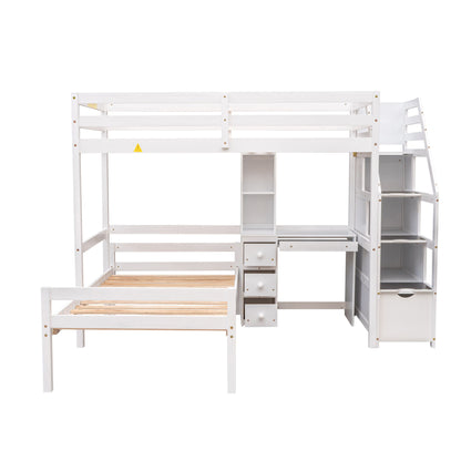 Loft Bed With Stand Alone Bed, Storage Staircase, Desk, Shelves, And Drawers