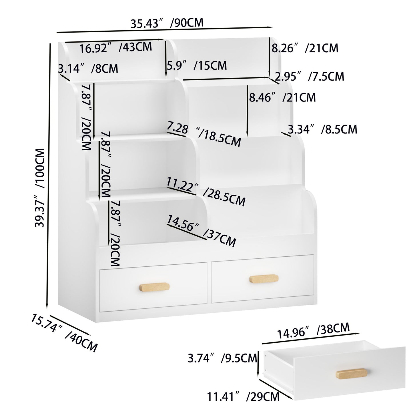 Bookshelf With 2 Storage Drawers, Front Facing Bookcase And Toy Organizer, Multi Tier Reading Shelf - White