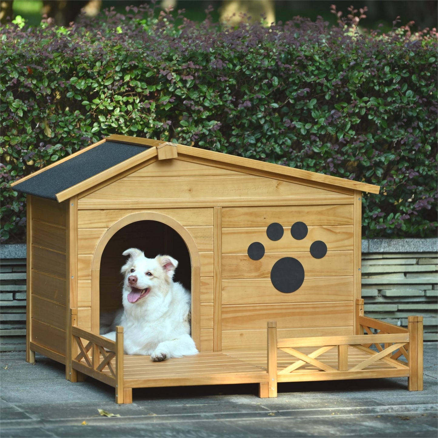 Wooden Dog House Outdoor With Porch, Dog Kennel With Water Resistant Asphalt Roof And Fencing, Indoor & Outdoor Dog Crate With Paw Print, Medium - Nature