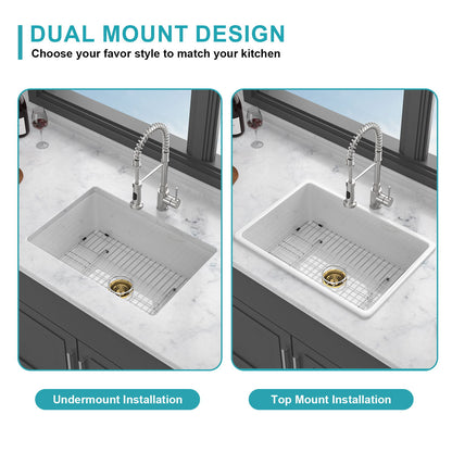 Undermount Single Bowl Ceramic Kitchen Sink, Dual Mount
