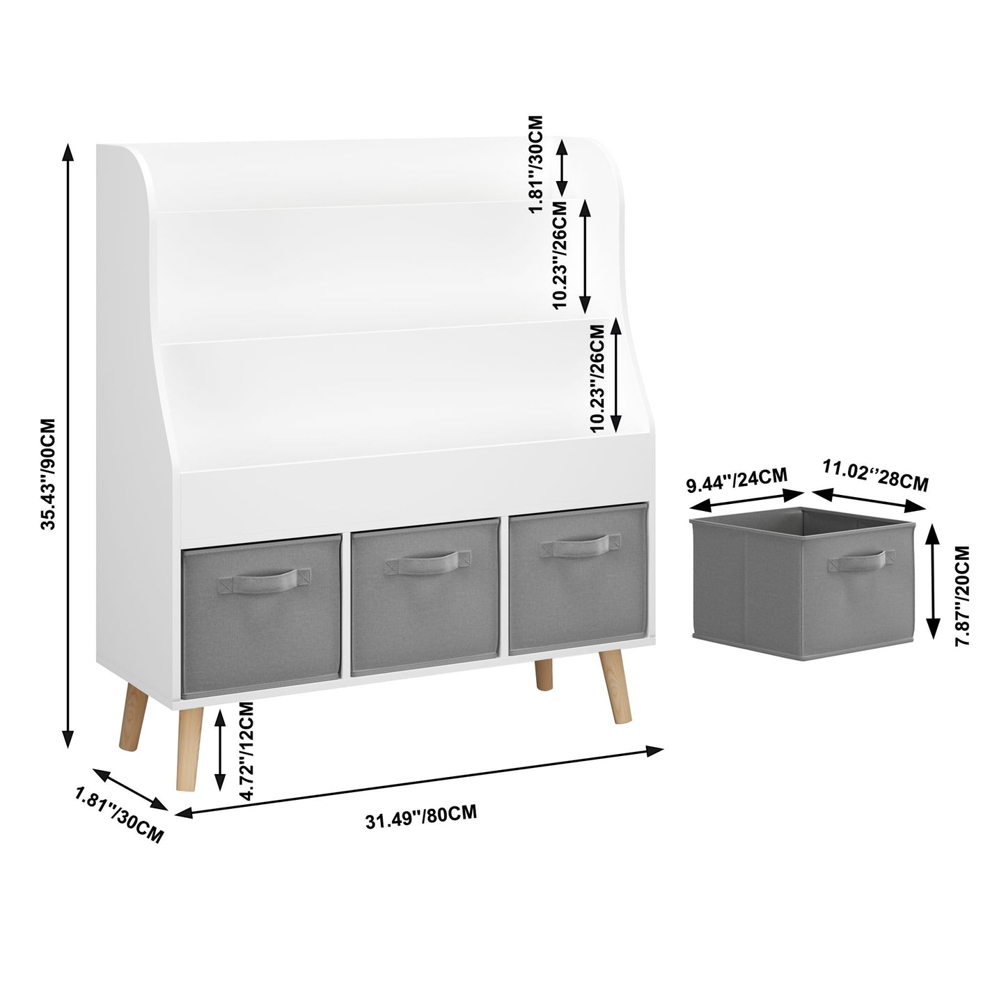 Bookshelf With 3 Storage Bins, Book Display Organizer, Front Facing Book Rack - White