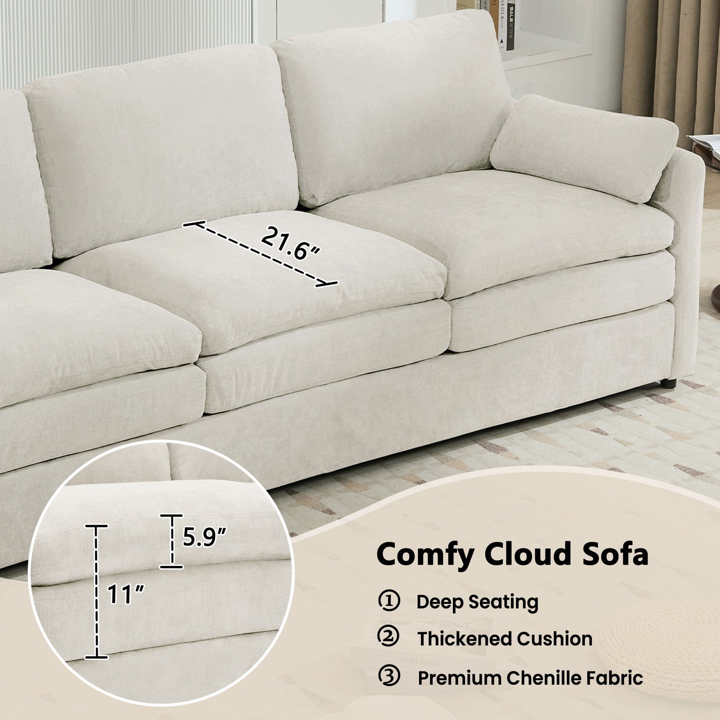 Cozy Upholstered 3 Seater Sofa Plush Cushion For Living Room