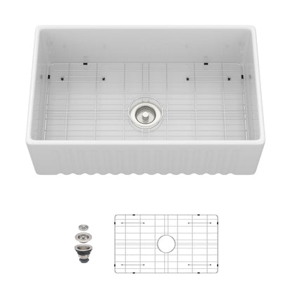 Apron-Front Reversible Single Bowl Kitchen Sink With Accessories - White