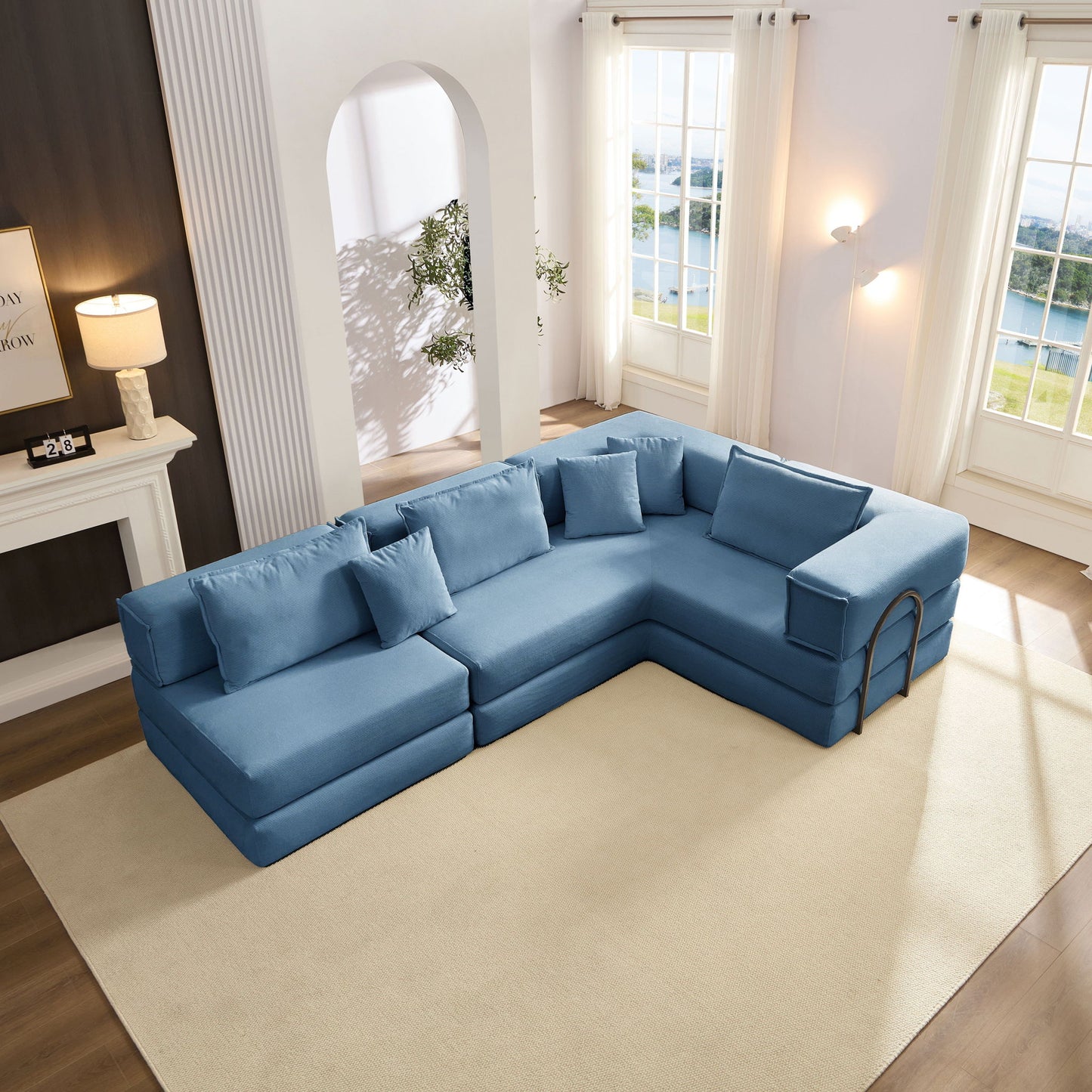 Modular L Shaped Floor Living Room Sofa Set With 6 Pillows