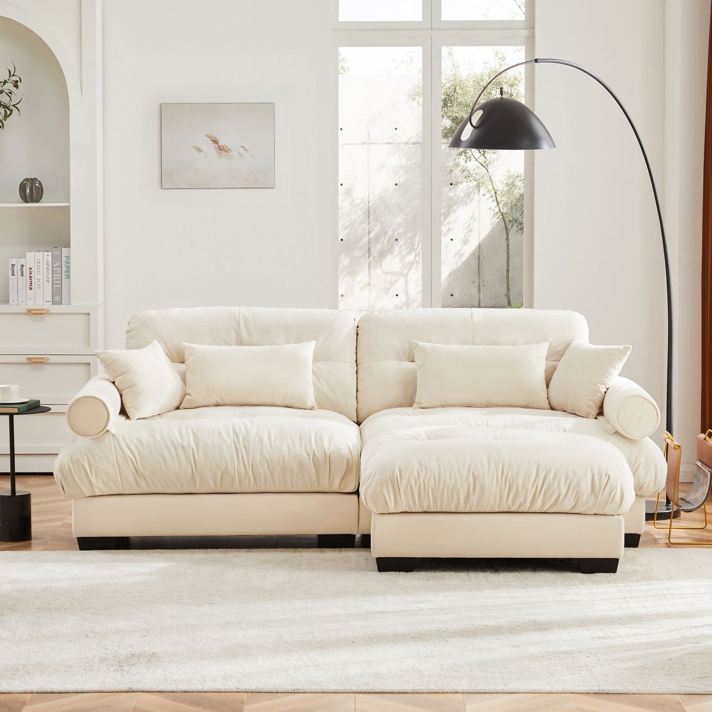Modern Sectional Sofa With Ottoman, Round Bolster Armrests, Waist And Throw Pillows