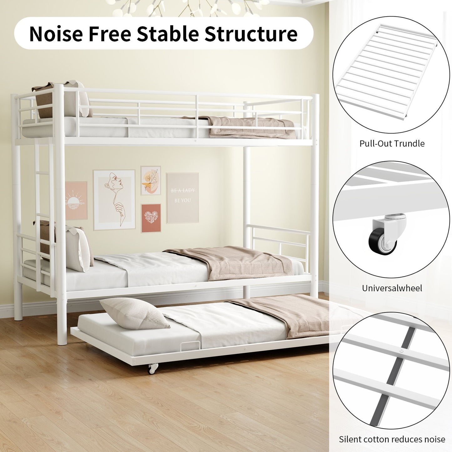 Metal Bunk Bed For Kids, Convertible Bedframe With Ladders & Guardrail