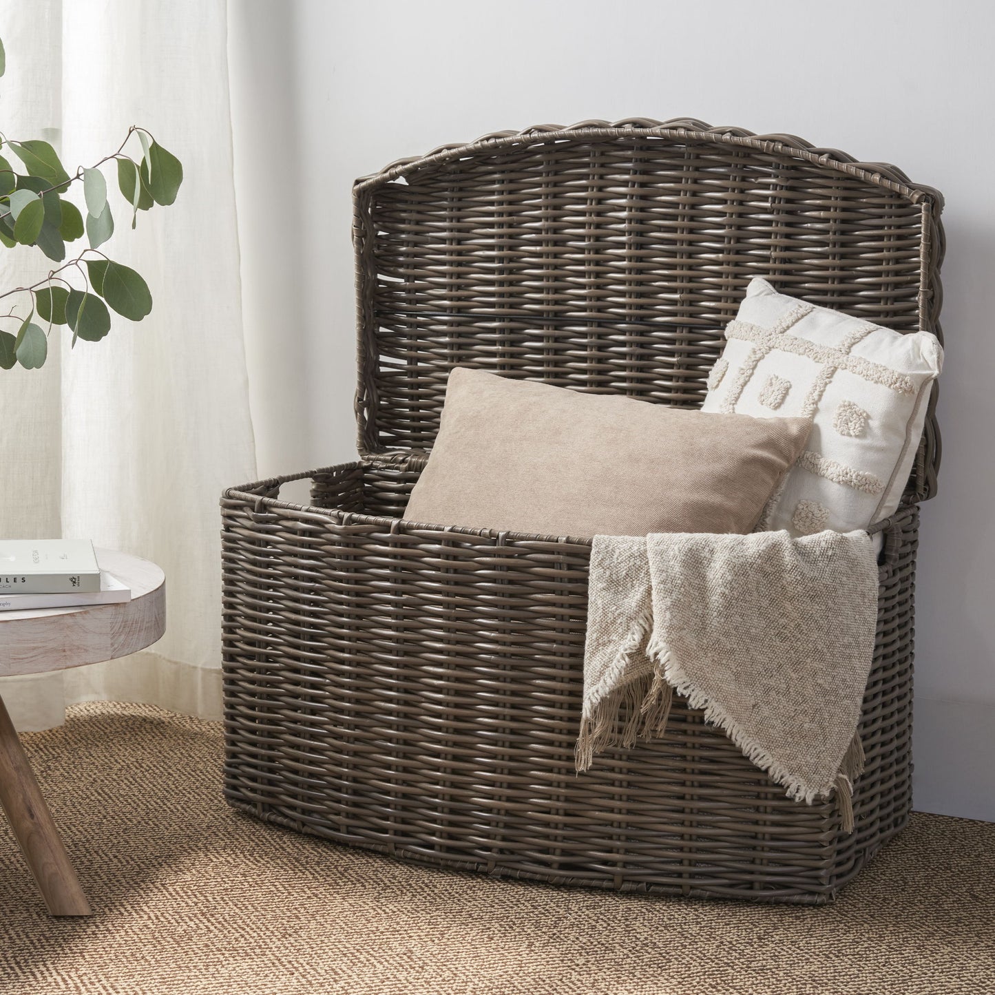 Joseph - Rectangular Curve Resin Woven Wicker Trunk With Handles Multi Purpose Storage - Walnut Brown