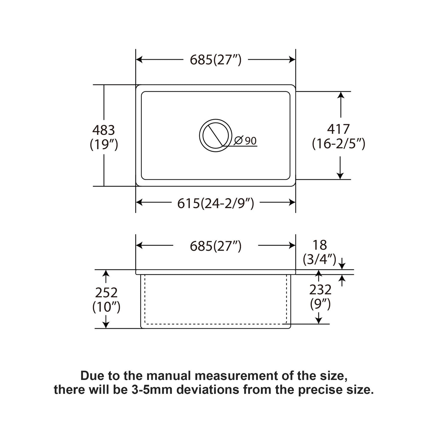 Undermount Single Bowl Ceramic Kitchen Sink, Dual Mount