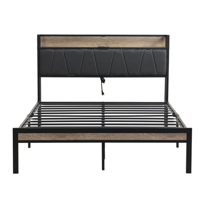Modern Bed Frame With LED Lights, Upholstered Headboard, USB Charging