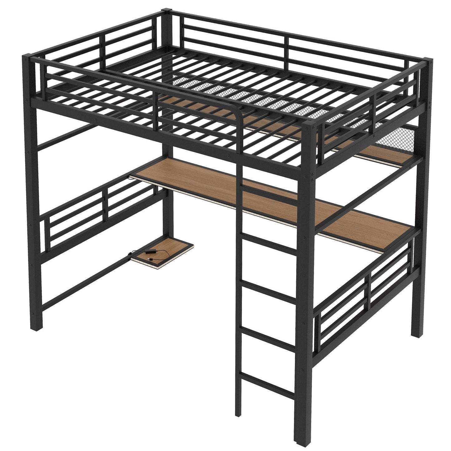 Full Size Loft Bed Frame With Storage Shelf And LED Light - Black