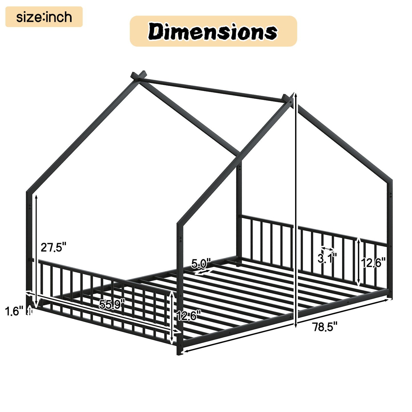 Full Size Rooftop Bed Frame LED Lights For Kids - Black