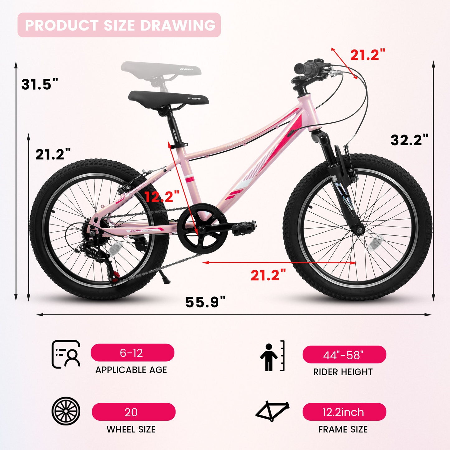 20" Children's Bicycle Shock Absorbing Front Fork 7 Speed V Brakes Mountain Tire Boys And Girls Kids Bike For Outdoor Adventure - Pink