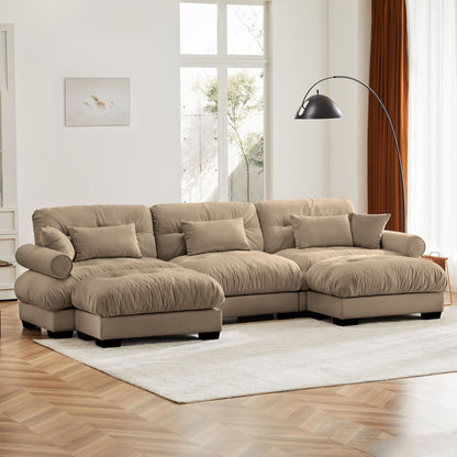 Modern Sectional Sofa With Ottoman, Round Bolster Armrests, Waist And Throw Pillows
