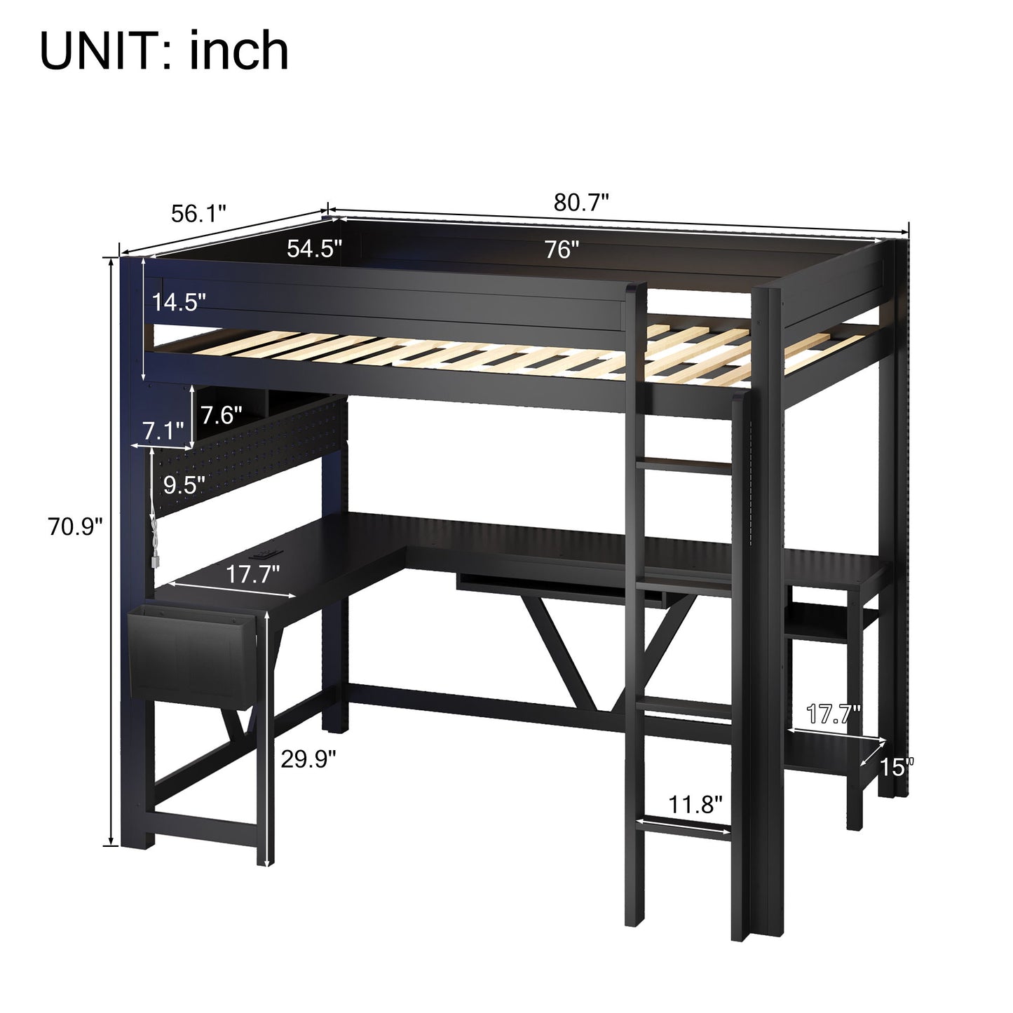 Gaming Loft Bed With Desk, Storage Shelves, LED And Charging Station