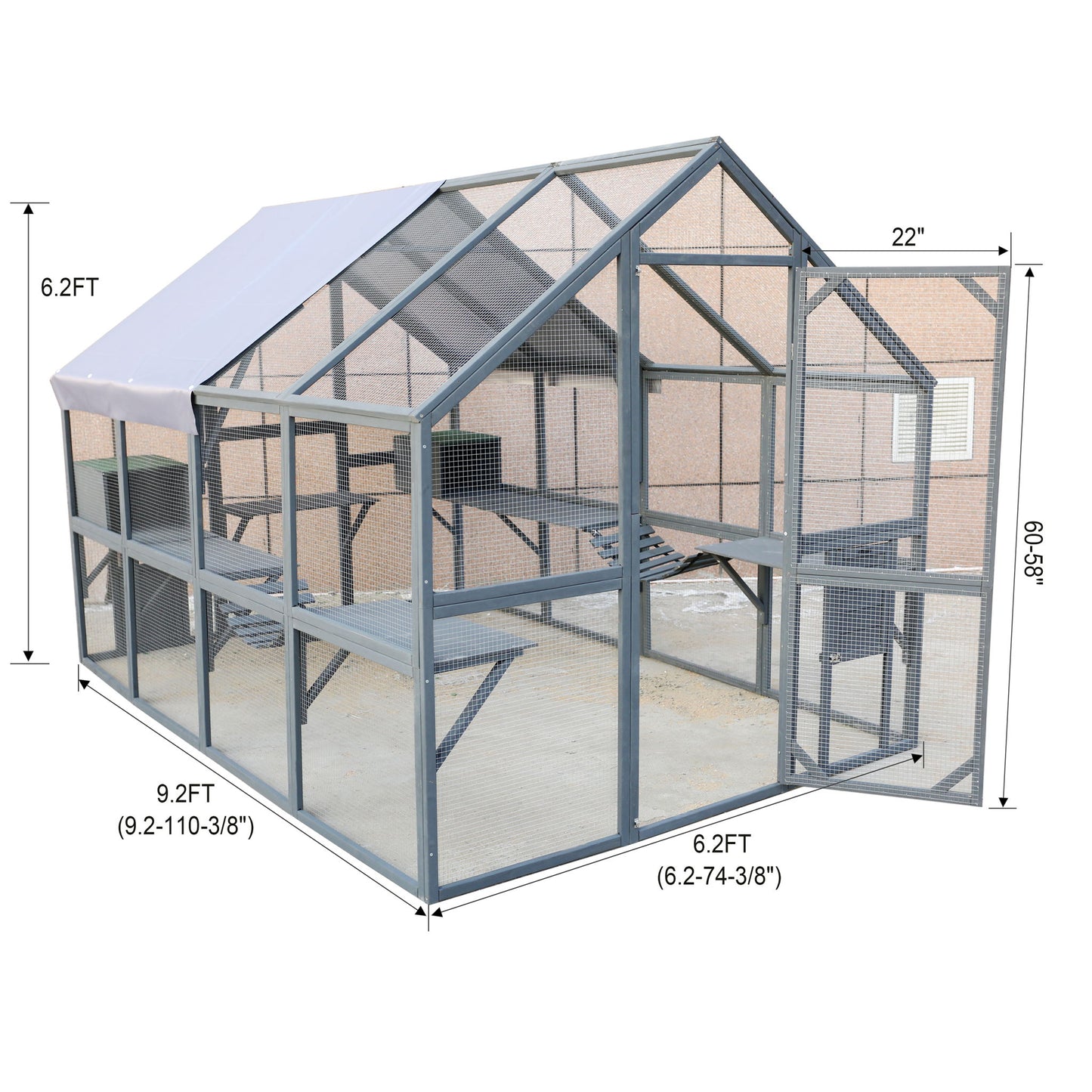 Spacious Wooden Cat Catio Outdoor Kitty House With Bridges And Roof Cover - Gray