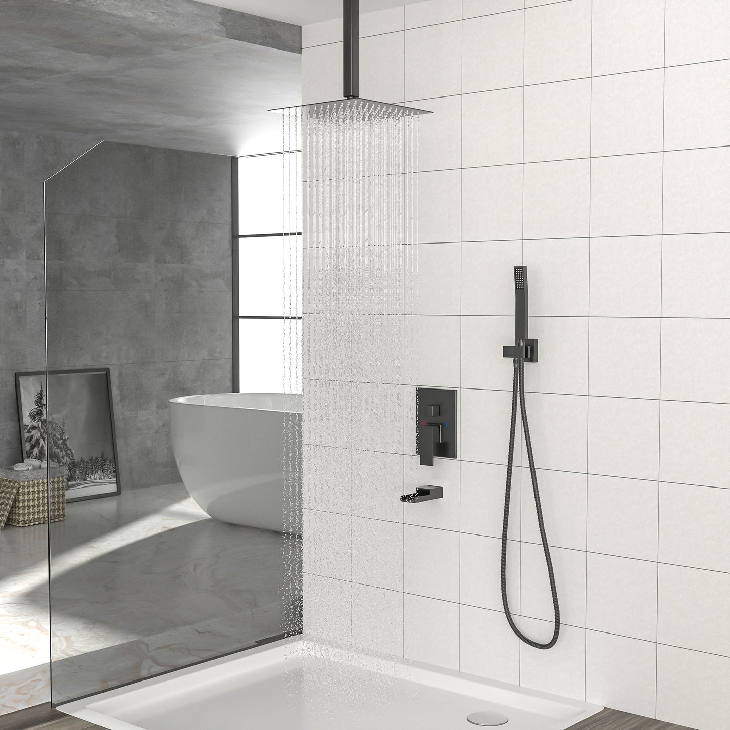 16" Ceiling Mount Square Shower System With Waterfall Tub Spout And Rough In Valve