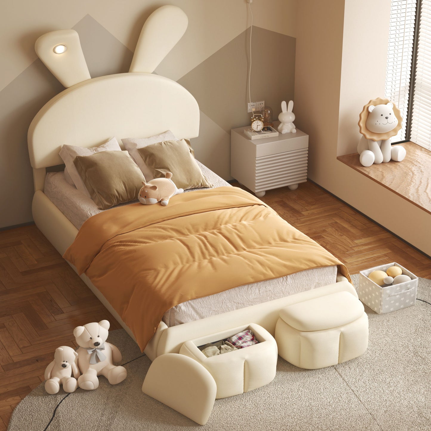 Upholstered Platform Bed With Cartoon Ears Shaped Headboard And LED Light
