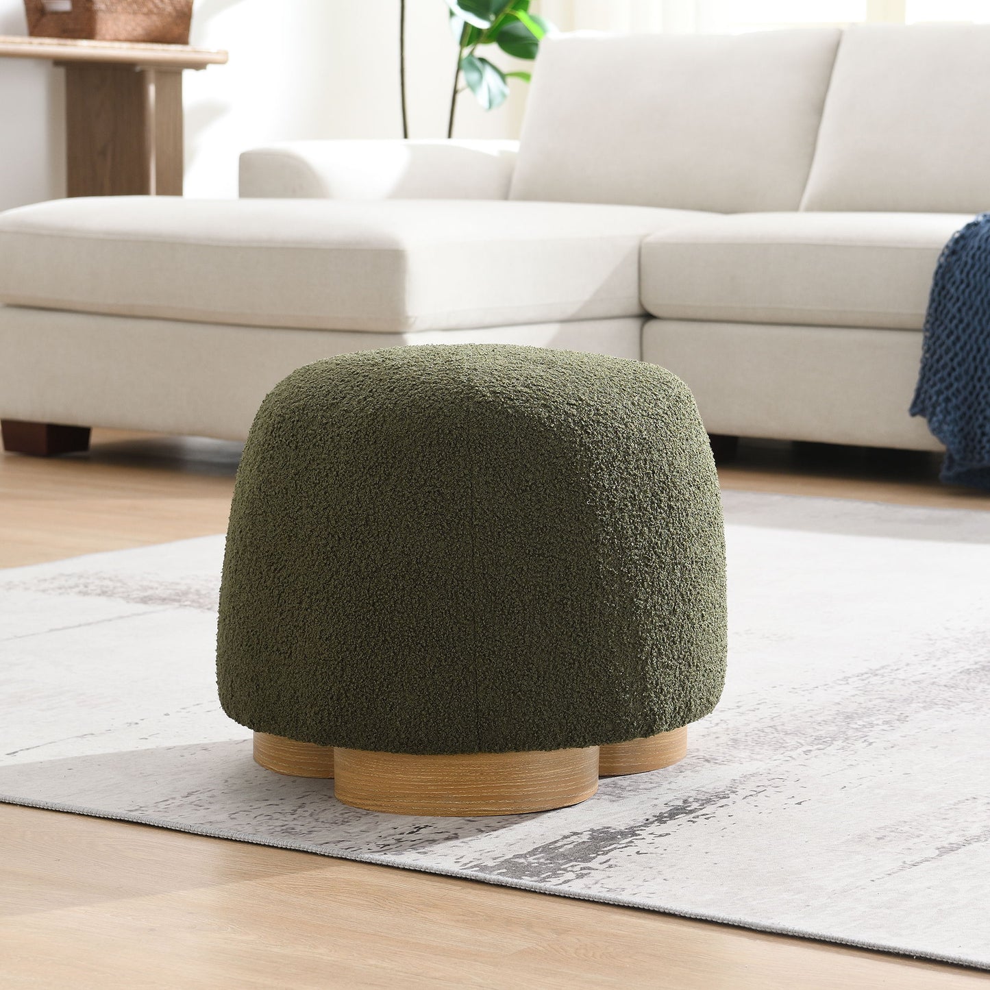 Round Soft Teddy Fabric Upholstered Ottoman With Metal Accents