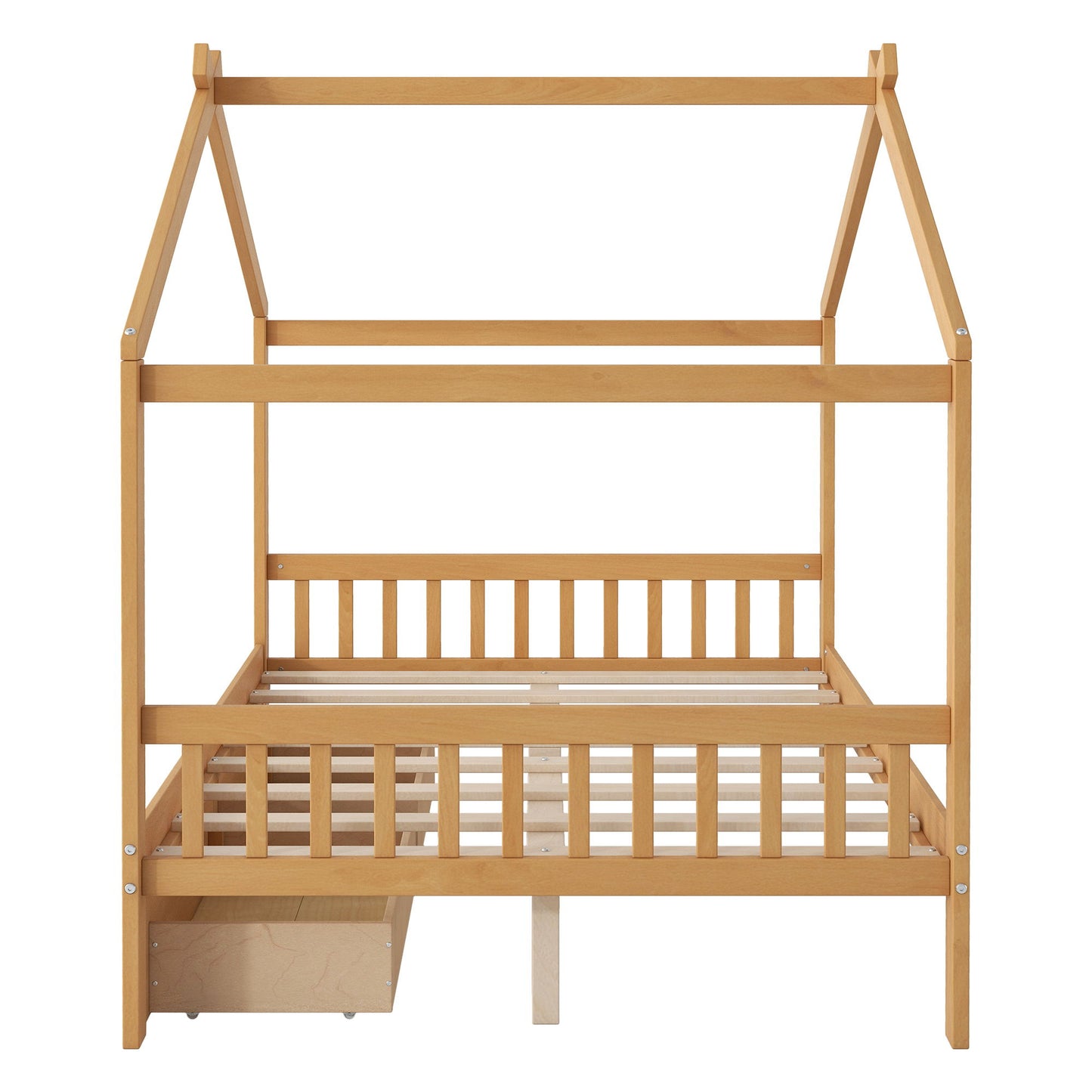 House Style Platform Bed With Headboard, Footboard, 2 Drawers, And Roof Design