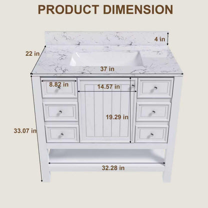37" Bathroom Vanity, Multi Functional Cabinet With Doors And Drawers, Frame, Single Faucet Hole - White