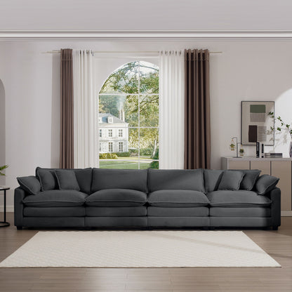 Modern Upholstered 4 Seater Corduroy Fabric Sofa With Arm And Throw Pillows