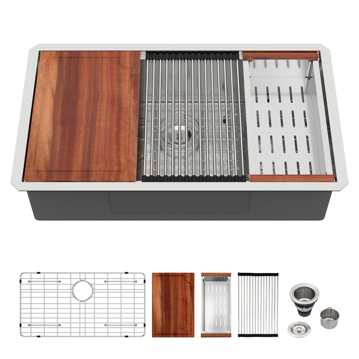 30" Undermount Kitchen Sink 16 Gauge Ledge Workstation - Brushed Nickel