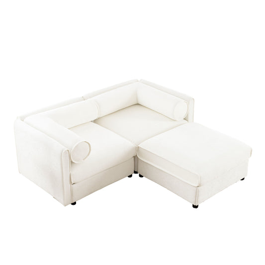 Contemporary Elegant White Chenille Sofa With Storage And Ottoman