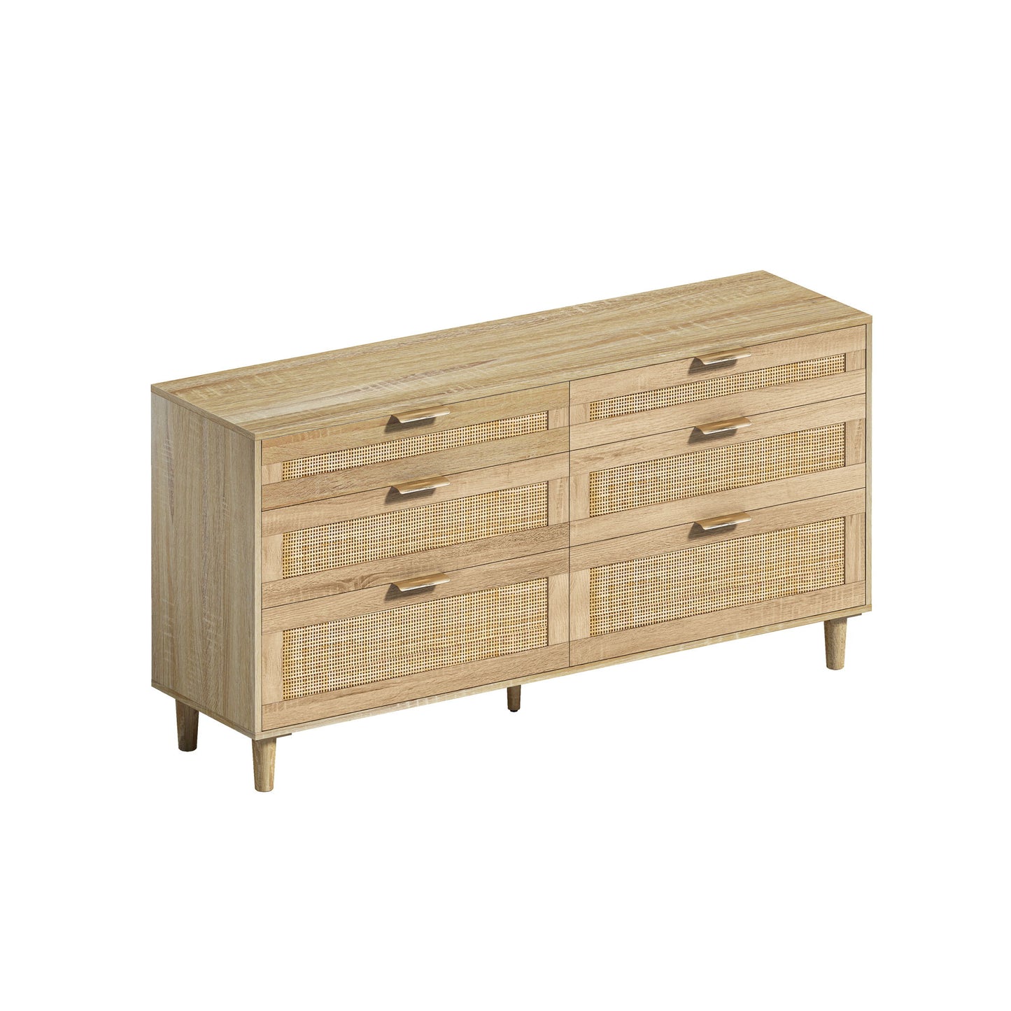 Rattan Dresser With 6 Drawers, Wooden Legs & Metal Handle