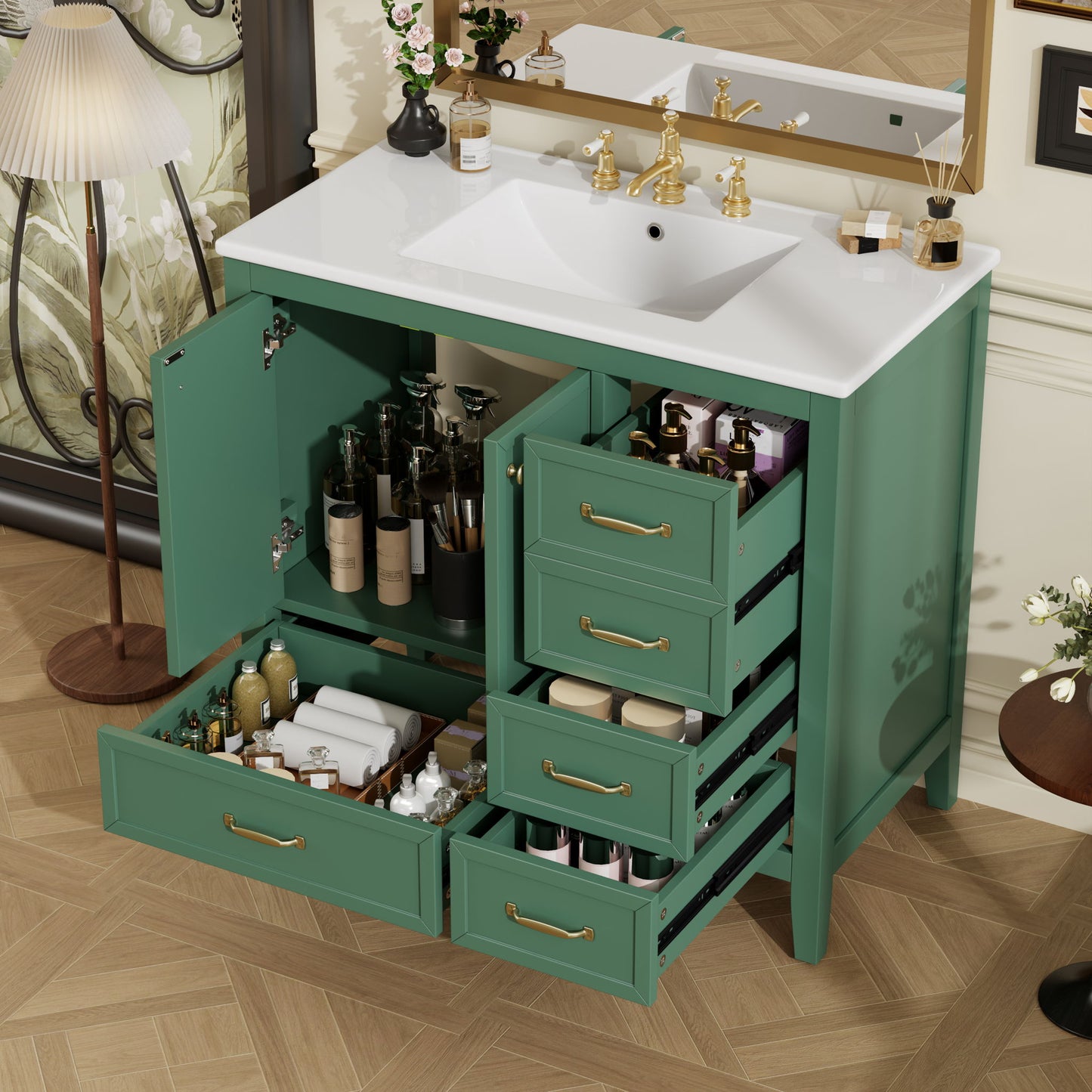 Elegant Vintage Bathroom Vanity With Sink And Soft Closing Door, 4 Drawers Of Different Sizes Frame
