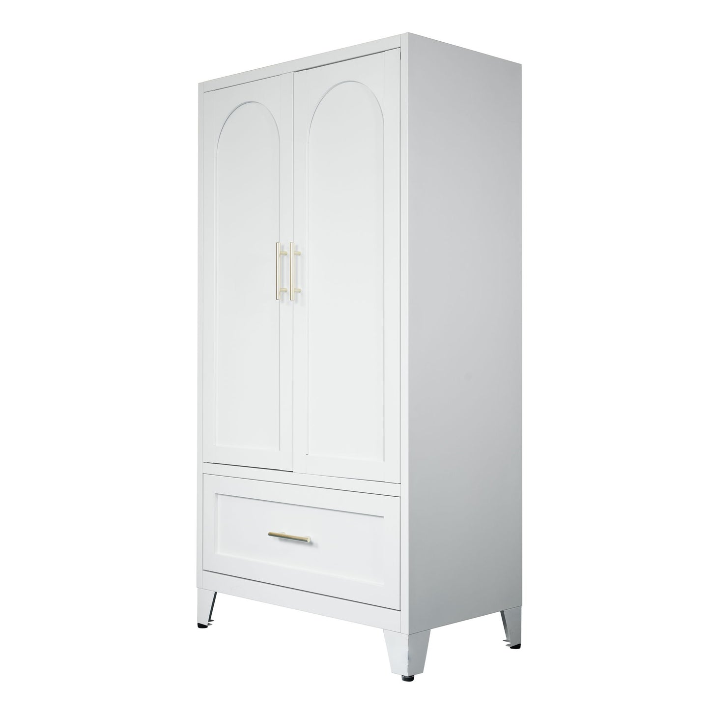 Wardrobe Cabinet With 1 Drawer And Hanging Rod, 2 Doors Closet With Shelf For Bedroom - White
