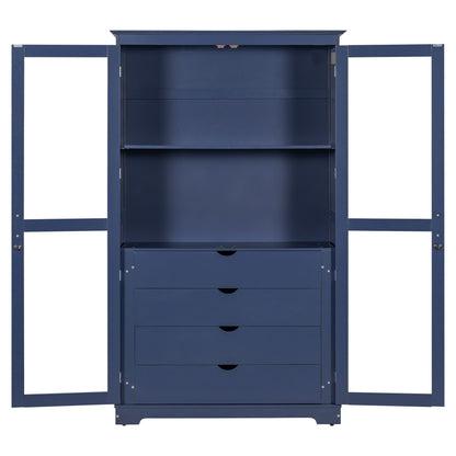 Kitchen Pantry, Freestanding Kitchen Storage Cabinet Display Cabinet With Glass Doors And 4 Built In Drawers For Living Room, Home Office - Blue
