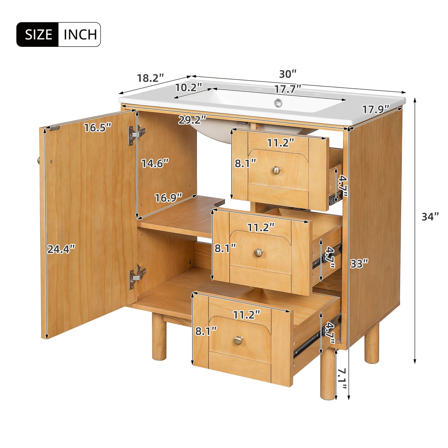 Bathroom Vanity With Sink, 3 Drawers, Soft Close Door - Natural Wood