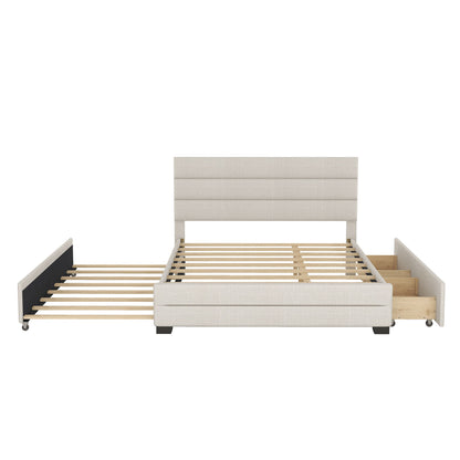 Queen Platform Bed With Twin Trundle And 2 Storage Drawers - Beige