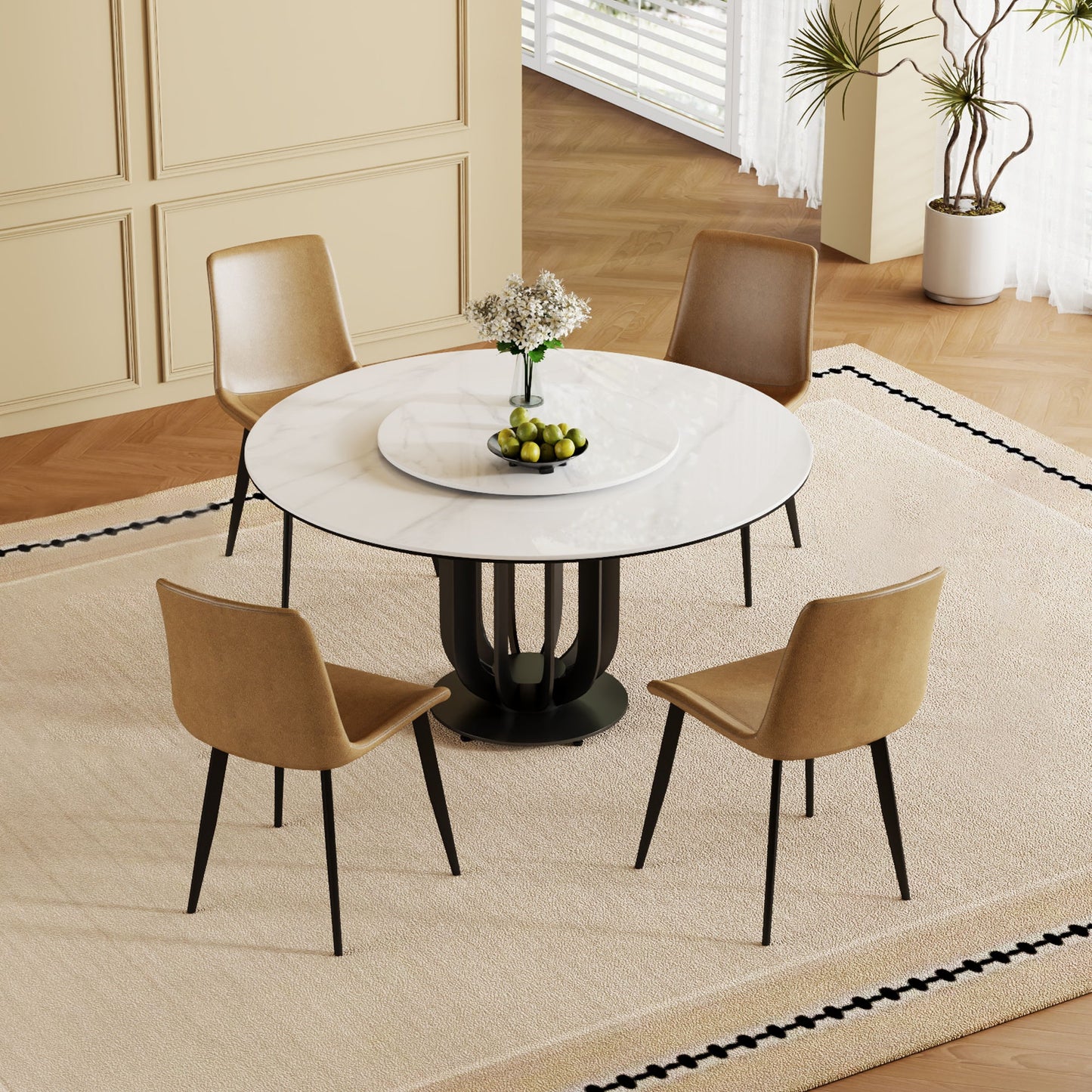 Round Dining Table With Carbon Steel Base And Lazy Susan / For Kitchen And Dining Room, 4 Chairs - Black / White
