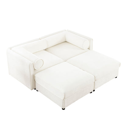 Contemporary Elegant White Chenille Sofa With Storage And Ottoman