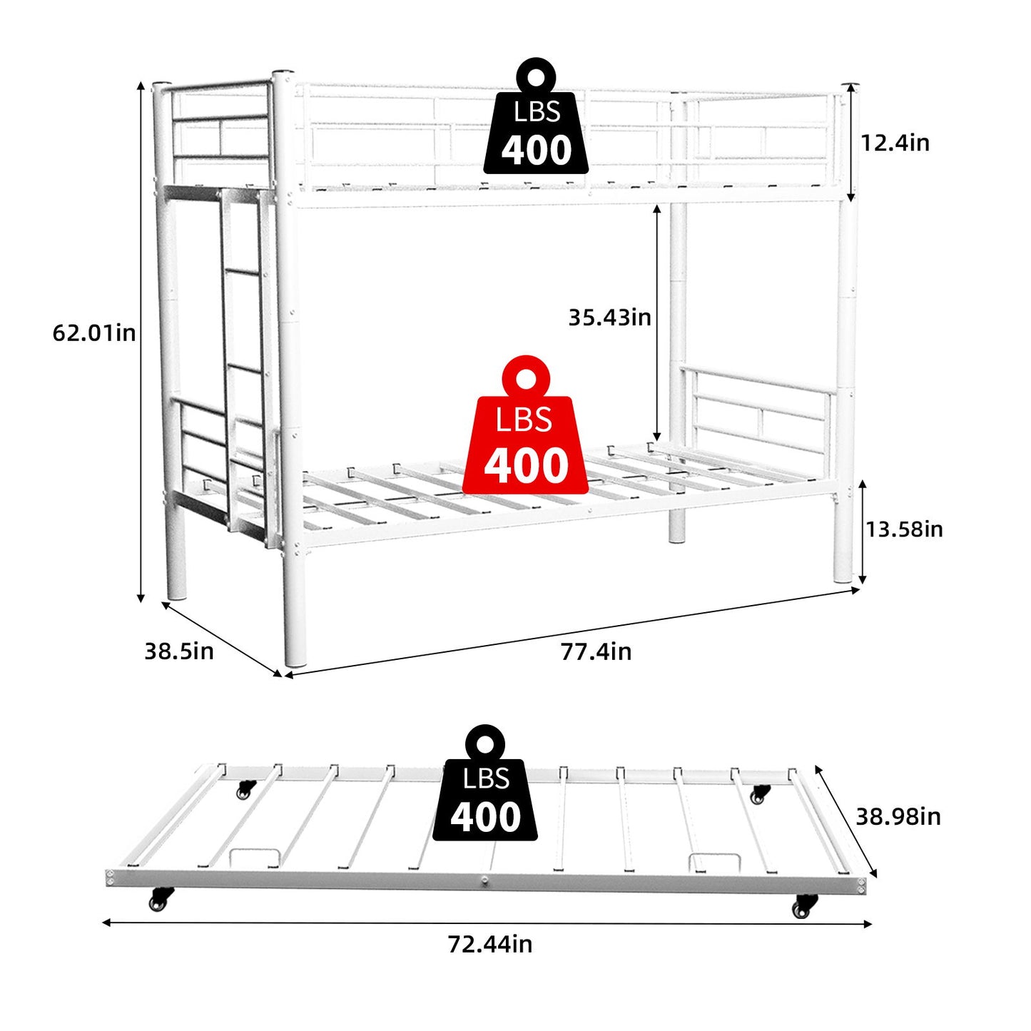 Metal Bunk Bed For Kids, Convertible Bedframe With Ladders & Guardrail