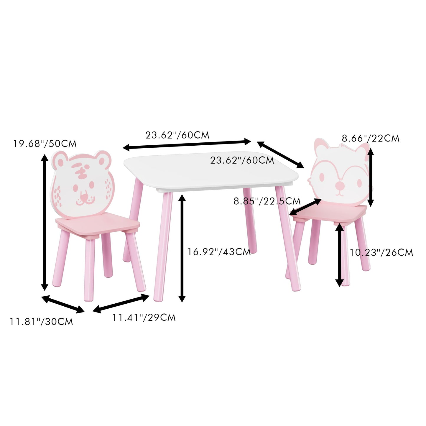 Table And Chair Set, 3 Piece Wooden Toddler Desk With Animal Backrest - Pink / White