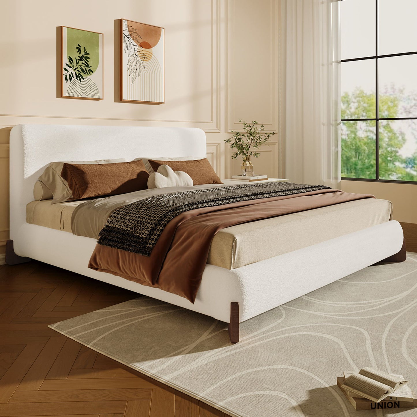 Queen Size Elegant Terry Upholstered Bed - White