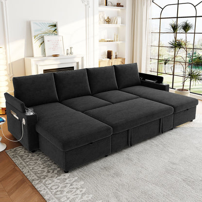 U Shaped Sectional Sofa Bed With Storage Chaise Lounges, USB Ports, And Cup Holders