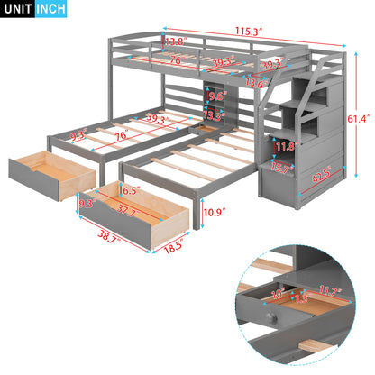 Twin Over Twin & Twin Bunk Bed With Drawers, Staircase Storage, Built In Shelves - Gray